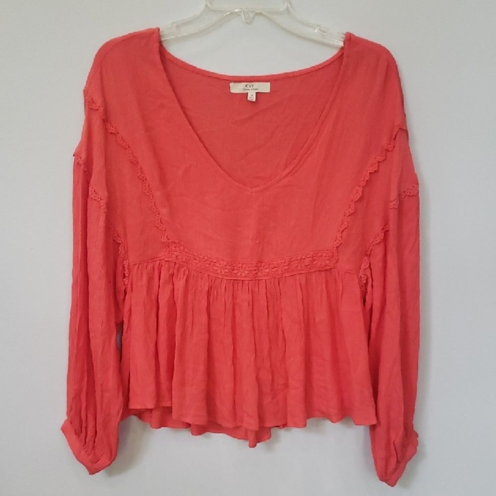 Chelsea & Violet Top Womens M Orange Cropped Lace Peasant Shirt Boho Hippie TS12